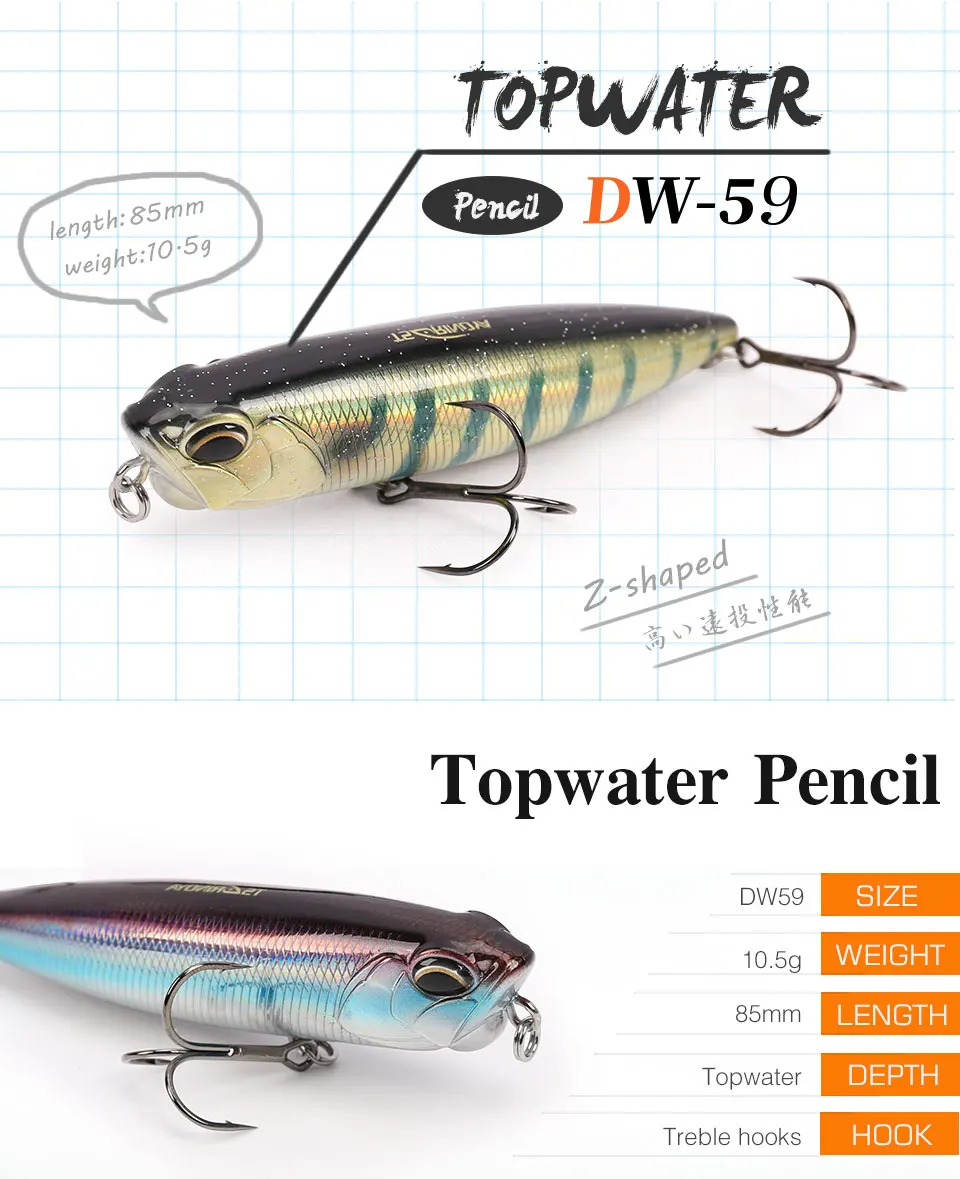 TSURINOYA для рыбалки приманки DW59 Topwater воды карандаш z-образный жесткая приманка 85 мм 10,5g искусственных поплавок-приманка 5 цветов