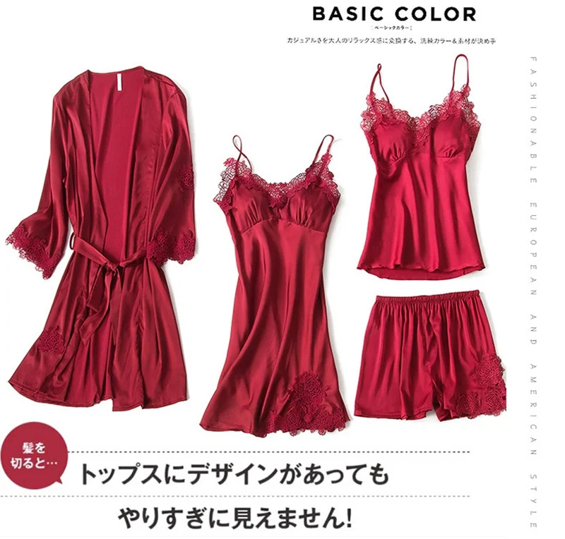 Pajama Sets 4 piece Ladies Sexy silk Tops+ short Pants Night Women Nighties Nightwear Homewear women set big size Lace vintage