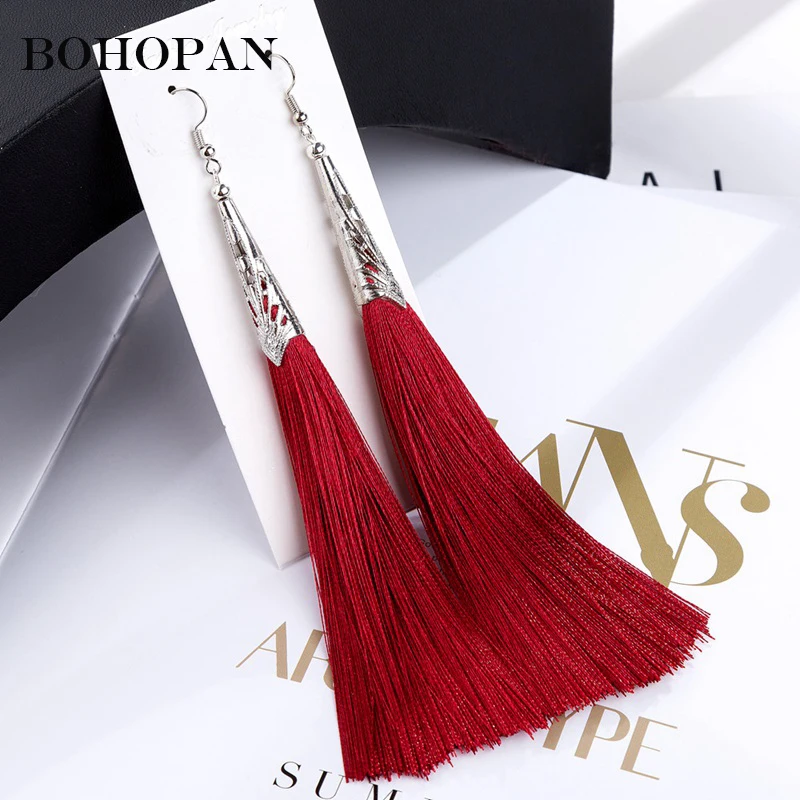 Женские серьги подвески Boho длинные из серебристого сплава с кисточками для