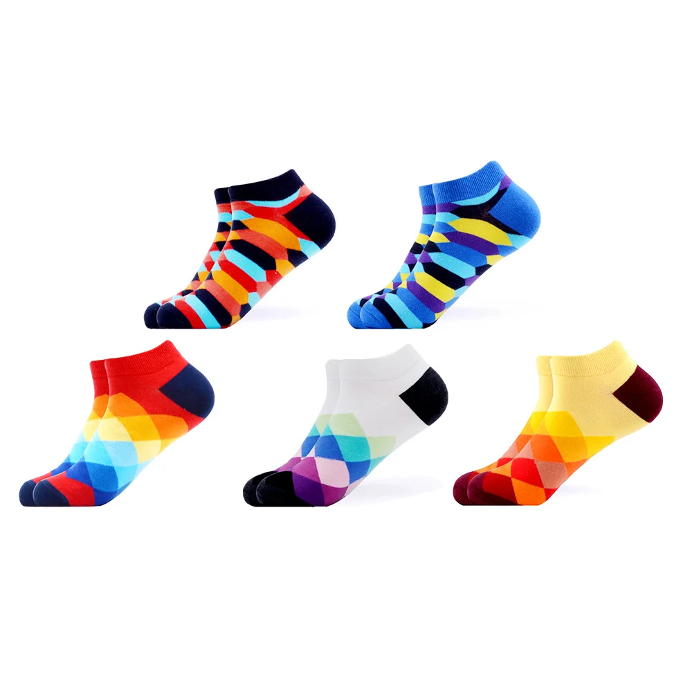 B06514 (5 pairs) SANZETTI мужские носки из чесаного хлопка летние повседневные геометрические носки до щиколотки Harajuku высококачественный хип-хоп счастливые носки - Цвет: B06514 (5 pairs)
