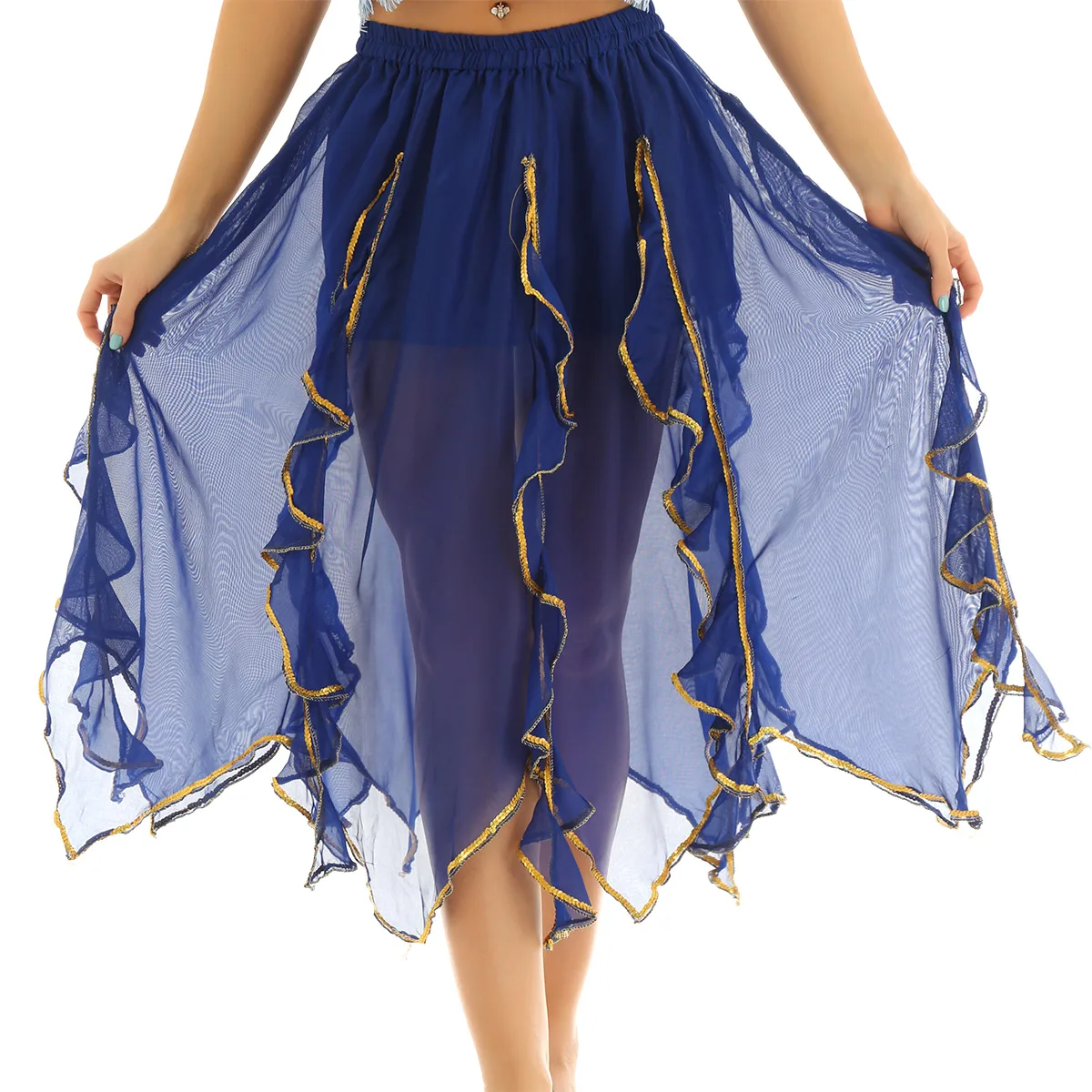 

ChicTry Asymmetrical Chiffon Ruffled Gold Trim Elastic Waistband Stage Performance Women Maxi Tribal Belly Dance Skirt Costumes
