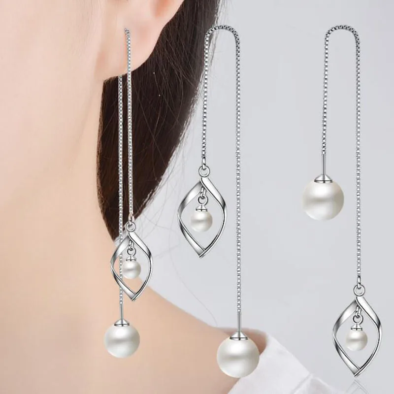 

KOFSAC Fashion 925 Sterling Silver Chain Earrings For Women Drop-Shaped Pearl Ear Line Long Tassel Earring Jewelry Gift Brincos