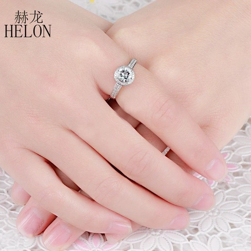 

HELON Solid 10K White Gold 6mm Round Cut Genuine Aquamarine Natural Dinamonds Ring Diamonds Engagement Wedding Halo Ring