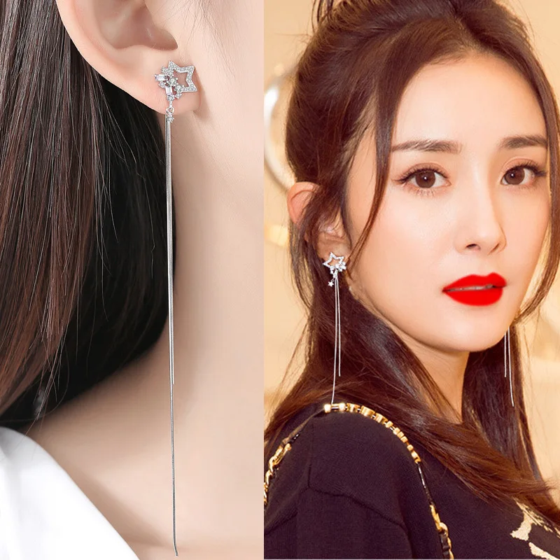 OMHXFC Wholesale European Fashion Woman Girl Party Gift Star Tassel Ear Lines Zircon 100% 925 Sterling Silver Stud Earrings EN63 | Украшения
