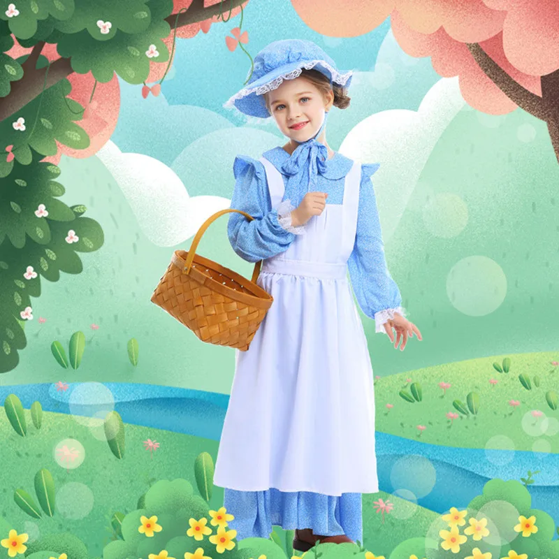 XS-XL Blue Medieval Girls Halloween Peasant Farmer woman Costumes kids Maid Cosplays Carnival Purim party Stage play dress | Тематическая