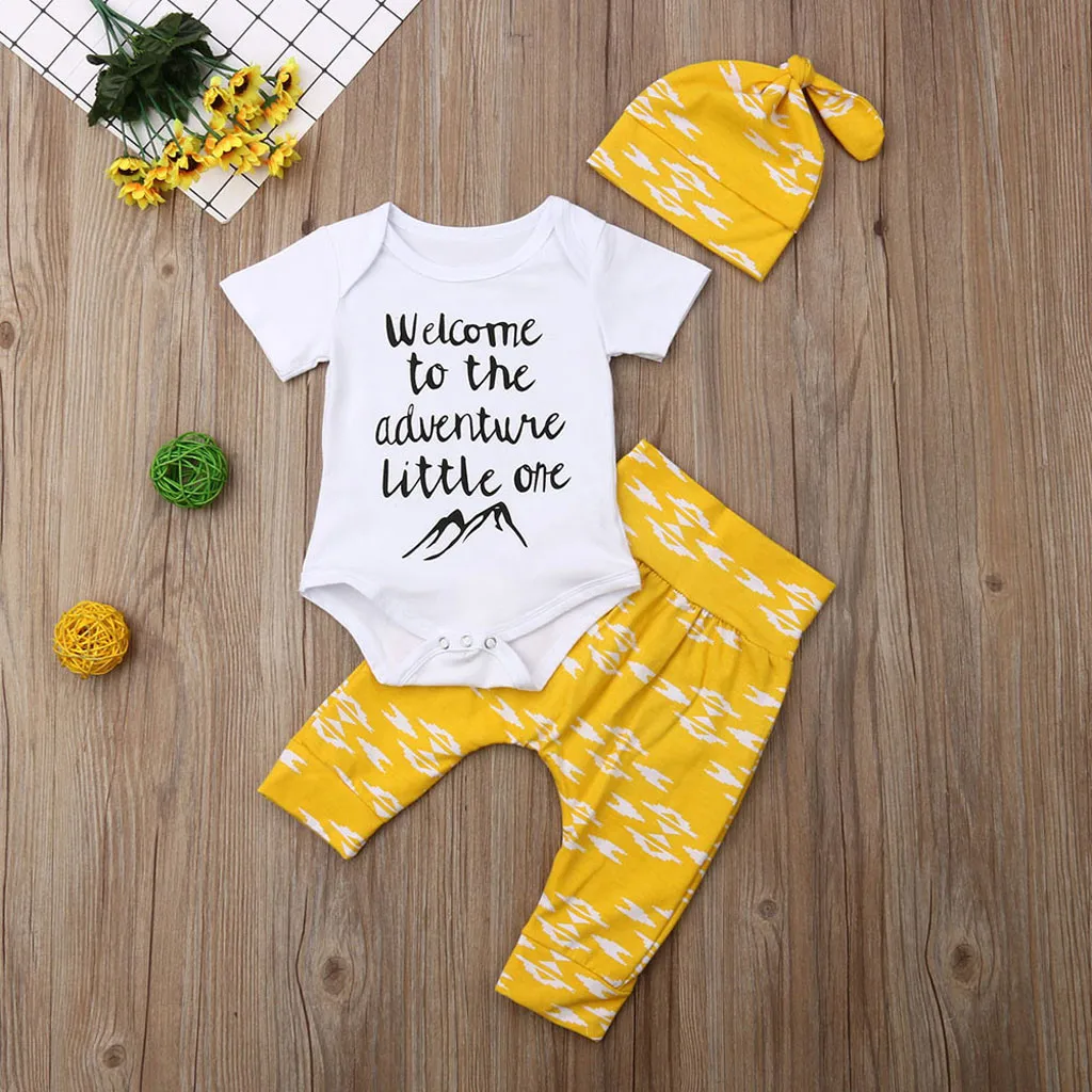 2019 Infant Baby boy summer clothes Toddler Letter Cartoon Printed Romper Tops+Pants+Hat Outfits Set kid Dropshipping | Детская одежда