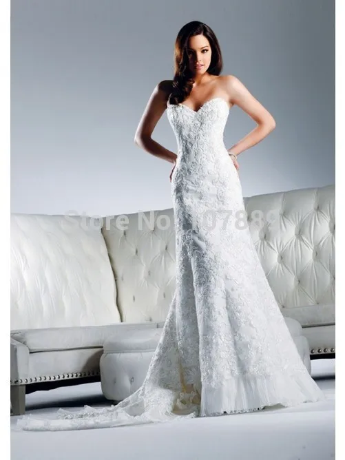 2015 A-Line Bridal Gown Strapless Sleeveless Chapel Train Zipper Lace Wedding Dresses For Brides CY245 | Свадьбы и торжества