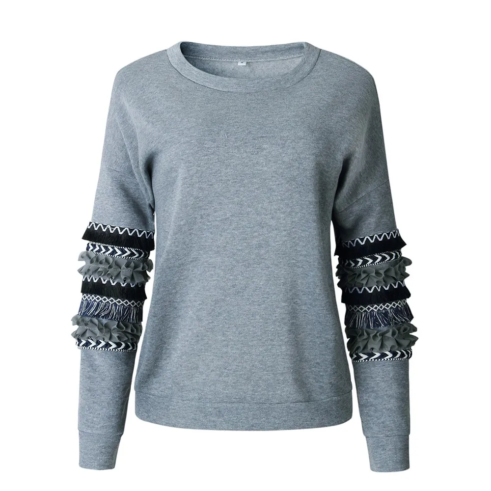 Boho толстовки Для женщин осень пуловер полосатый Принт Кисточкой стильные