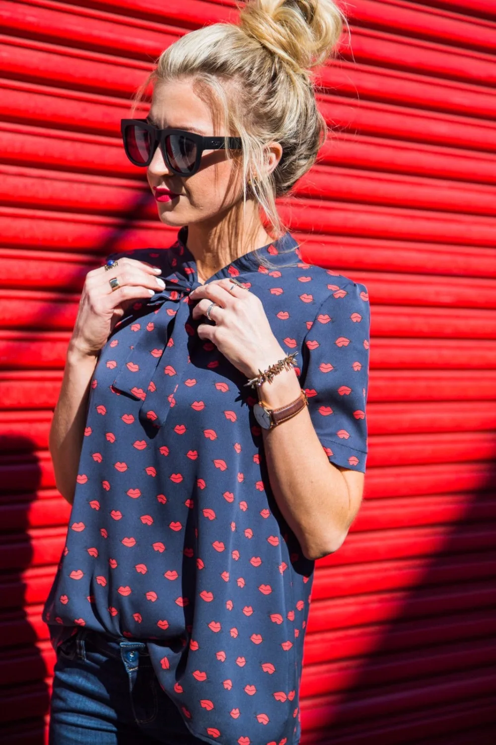 Женская шифоновая блузка с принтом Красного рта элегантная рубашка коротким