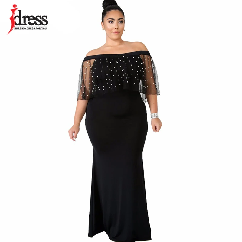 IDress S-4XL женское черное длинное платье плюс размер оборки бисером с открытыми плечами с юбкой-годе платье для вечерней вечеринки короткий рукав Vestidos - Цвет: Plus Size long dress