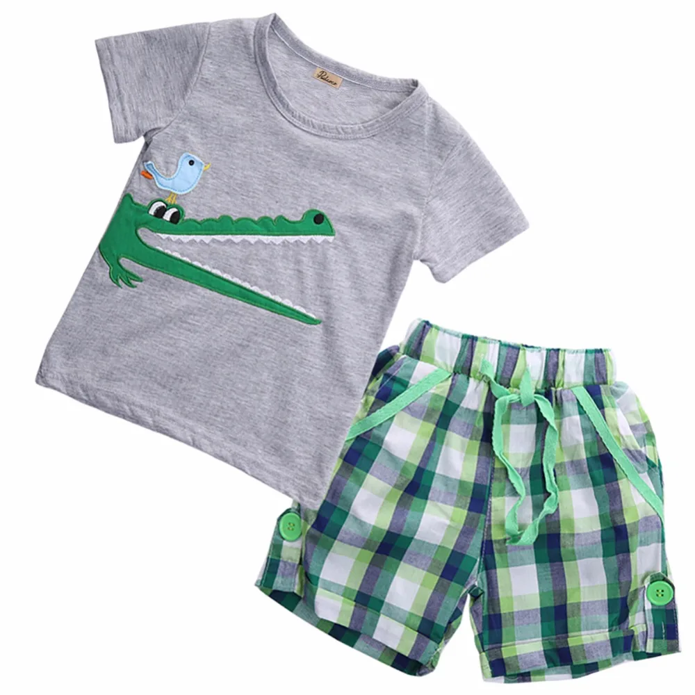 Children Toddler Baby Kids Boys Clothes Sets Summer Cute Animals Plaid Tops T-shirt Pants Shorts Outfits Size 2 3 4 5 6 7T |