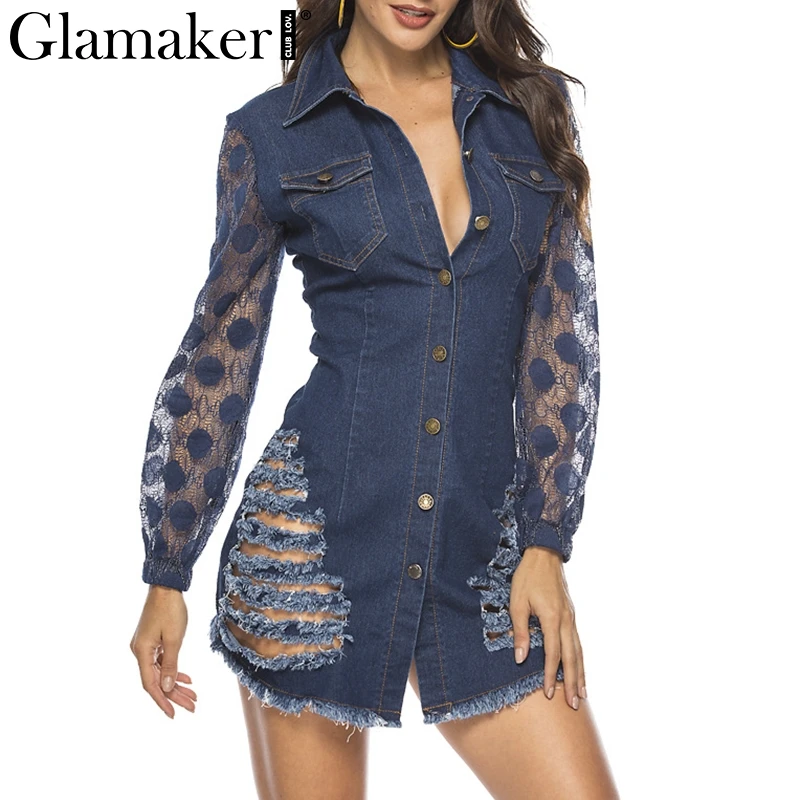 Джинсовое прозрачное летнее платье рубашка Glamaker женское на пуговицах весеннее