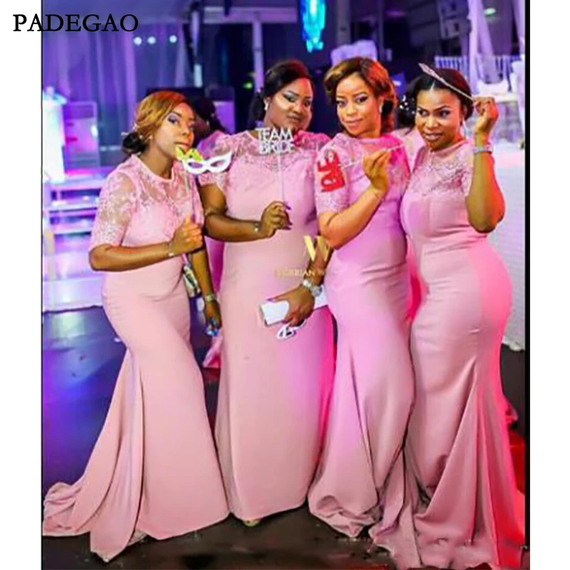 

New Pink South African Formal Bridesmaid Dress Cheap Mermaid Lace Sheer Crew Neck Long Maid of Honor Gown Plus Size Custom Made