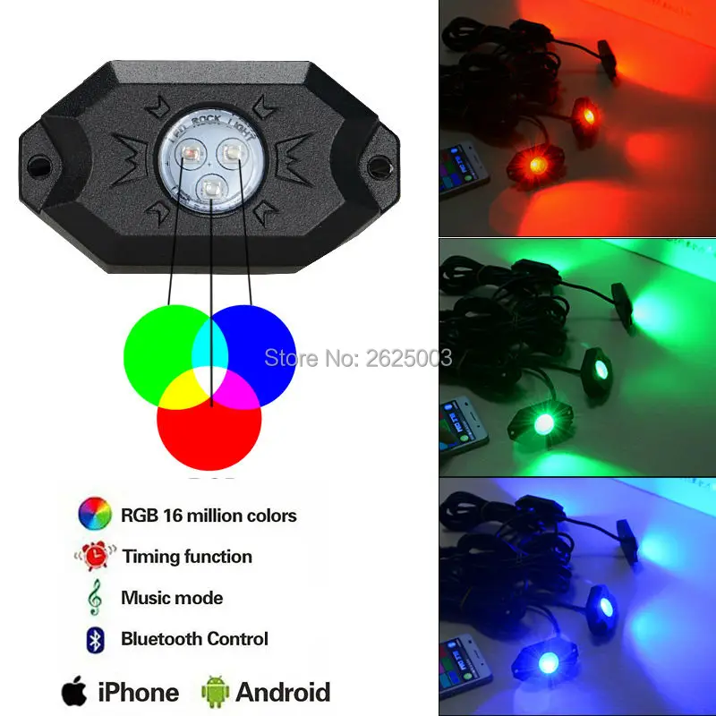 Bluetooth 4 накладки светодиодный RGB Рок Огни Offroad мини рок под автомобиля флеш огни