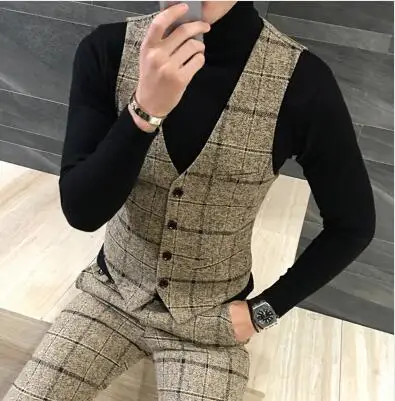 5XL клетчатый жилет для мужчин+ брюки деловой повседневный мужской жилет и брюки - Цвет: Цвет: желтый