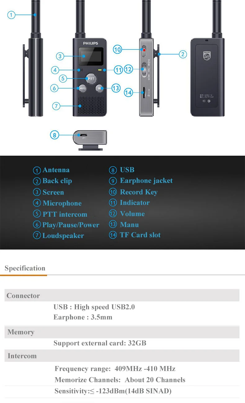 Philips Handy Min Walkie Talkie двухстороннее радио длинный диапазон 3,7 V Wolki Tolki 3 км 2 шт