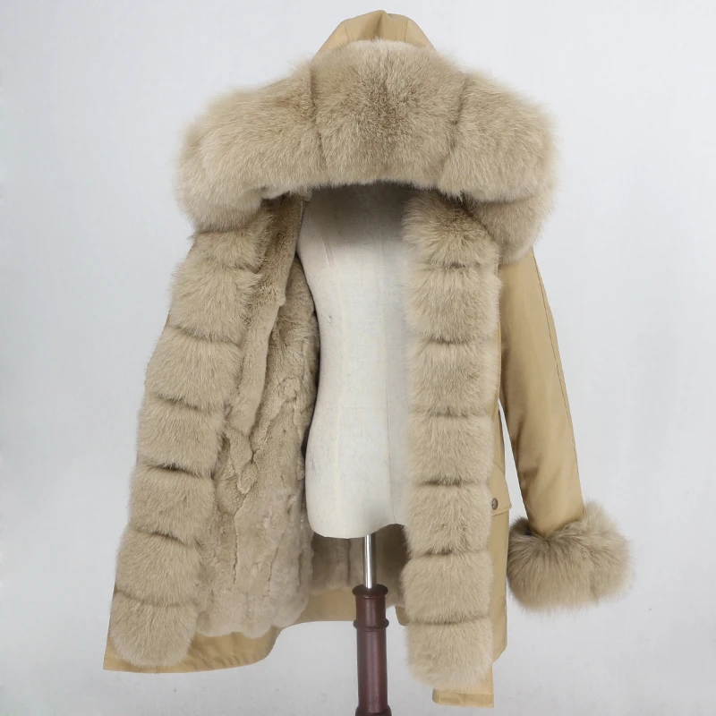 brown beige Водонепроницаемая парка OFTBUY, длинное пальто с натуральным мехом енота, Воротник из лисьего меха, капюшон, подкладка из кроличьего меха, толстая теплая верхняя одежда, уличная одежда - Цвет: brown beige