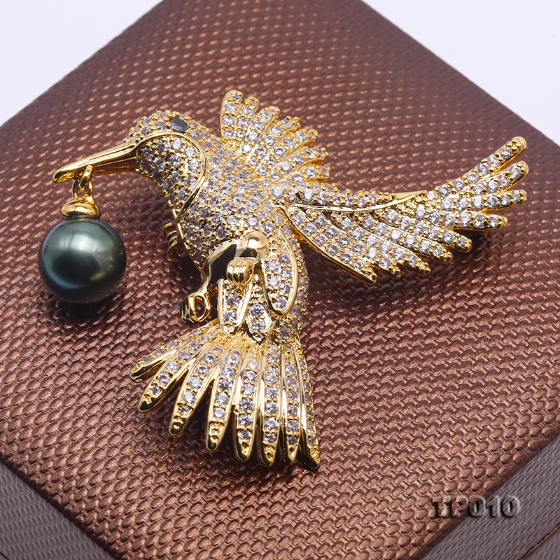 JYX Luxurious Flying bird Brooch 10mm Peacock-green Tahitian Pearl brooches natural 9mm Tahiti Pendant new year gift pin women | Украшения