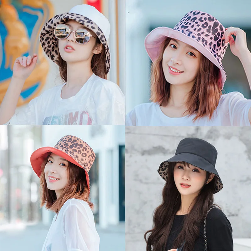 

Q Fashion Popular Leopard Print Double Sided Wide Brim Reversible Sun Hat For Fisherman Sunshade Caps Seaside Vacation Cap