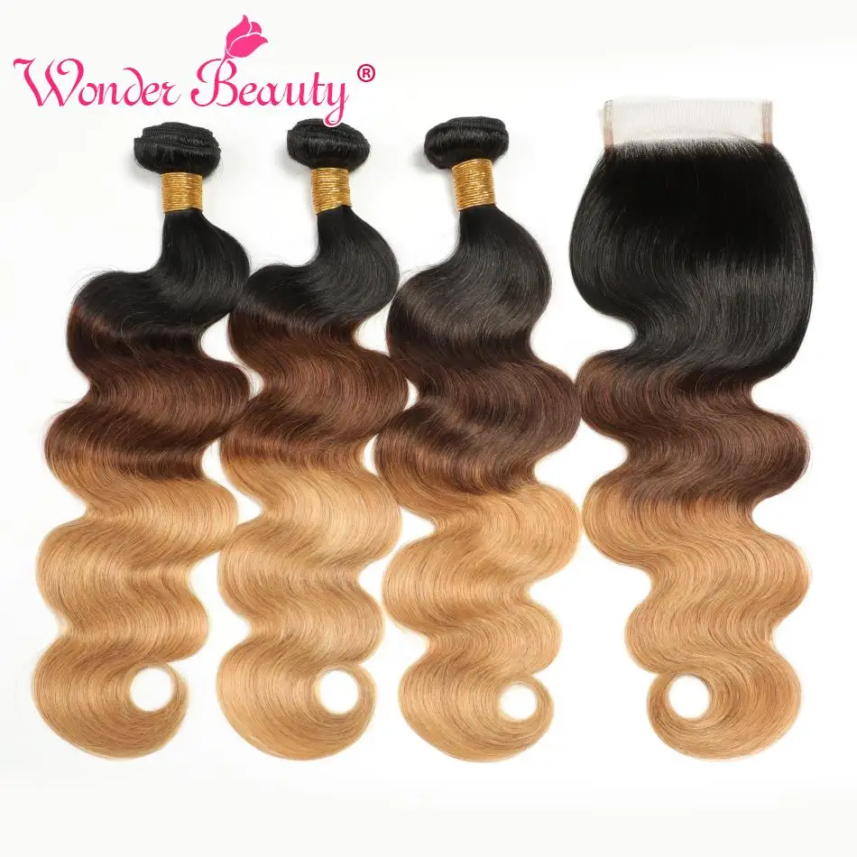 Wonder Beauty Hair Ombre Bundles with Closure Body Wave Peruvian Hair Bundles with Closure 1B/4/27 Remy 4x4 Lace Closure