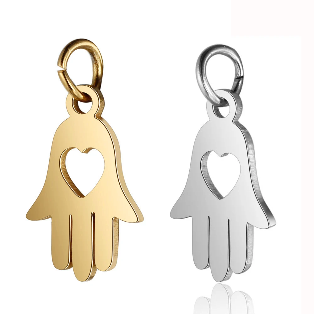 

LOULEUR 2Pcs/lot Hollow Heart Hamsa Hand Necklace Pendants 10*19mm Stainless Steel Charms Hamsa For Jewelry Making DIY Earrings