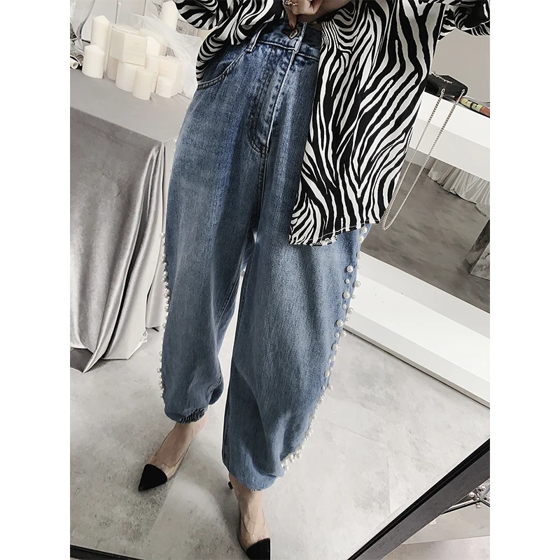 Женские джинсы с бусинами и жемчугом свободные брюки-фонарики высокой талией