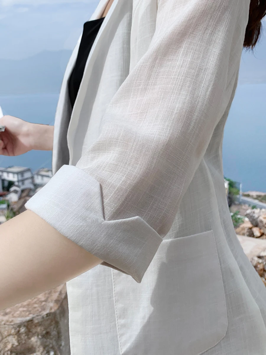 Linen small suit female one button coat thin section summer white black cotton linen Slim casual seven-point sleeve | Женская одежда