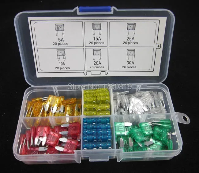 120 шт. в ассортименте автомобильный мини-предохранитель лезвия типа 5A 10A 15A 20A 25A 30A