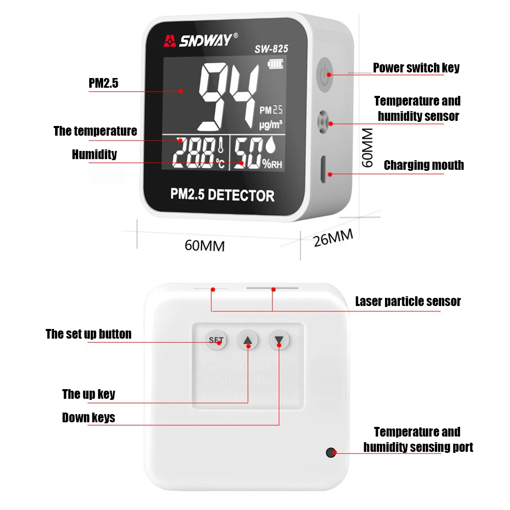

3 In 1 Pm2.5 Detector Temperature Humidity Meter Air Quality Monitor Mini USB Rechargeable Gas Analyzer Alarm Value Can Be Set