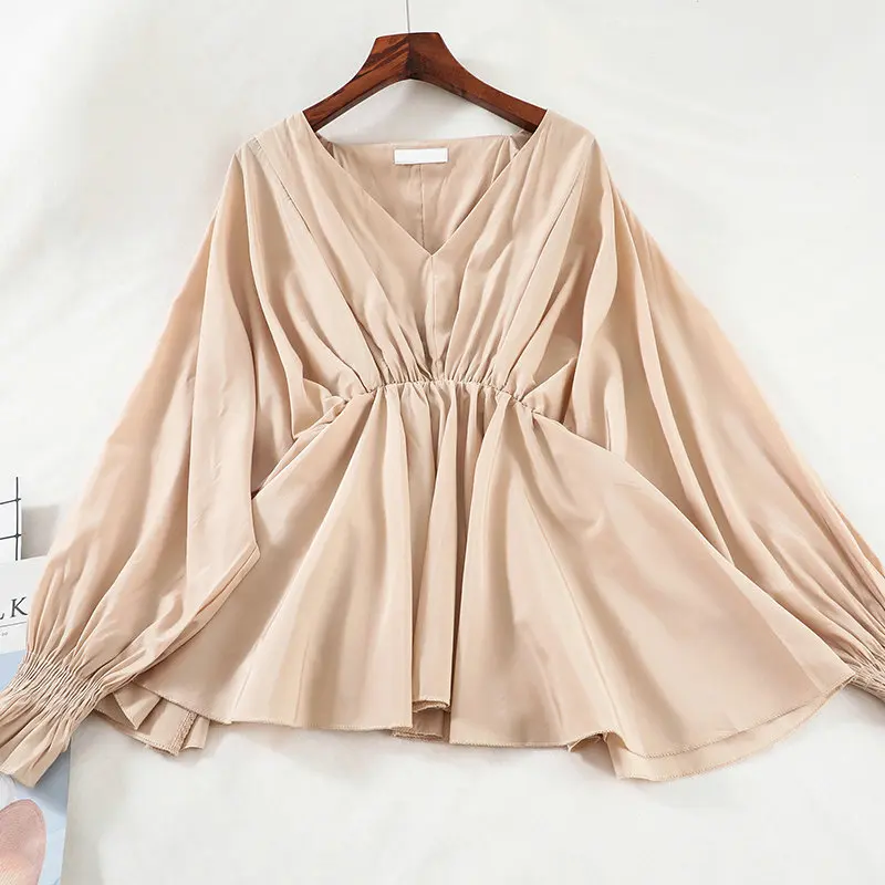 Women Shirt Элегантные Женские базовые плиссированные рубашки с глубоким v-образным вырезом и рукавом летучая мышь, повседневный эластичный тонкий пуловер с высокой талией, блузка с оборками, топы - Цвет: Women Shirt
