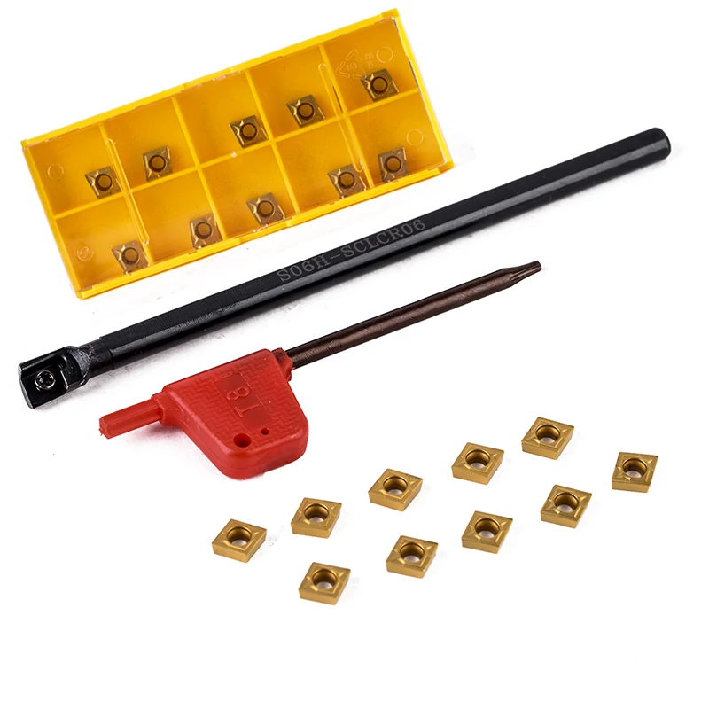 

1pc S06K-SCLCR06 Turning Tool Holder 6x125mm Boring Bar + 10pcs CCMT060204 Carbide Inserts Durable Blades + 1pc T8 Wrench