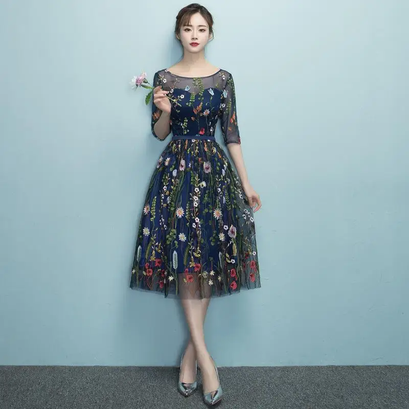 Черное цветочное кружево с принтом платье Чонсам женское атласное Qipao Макси элегантные вечерние платья Изысканный удлиненный полурукав Vestidos - Цвет: Navy Blue