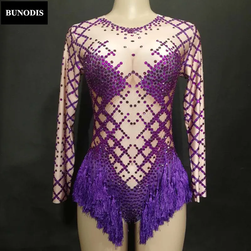 ZD253 Purple Tassel Women Sexy Bodysuit Full Sparkling Crystals Costumes Celebrate Nightclub Party Singer Dancer Stage Wear