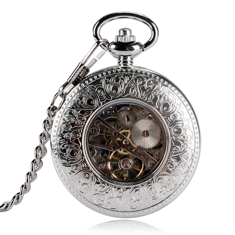 

SHUHANG Silver Tone Train Front Locomotive Engine Design Pendant Mechanical Pocket Watch with FOB Chain Mens Womens Unique Gift