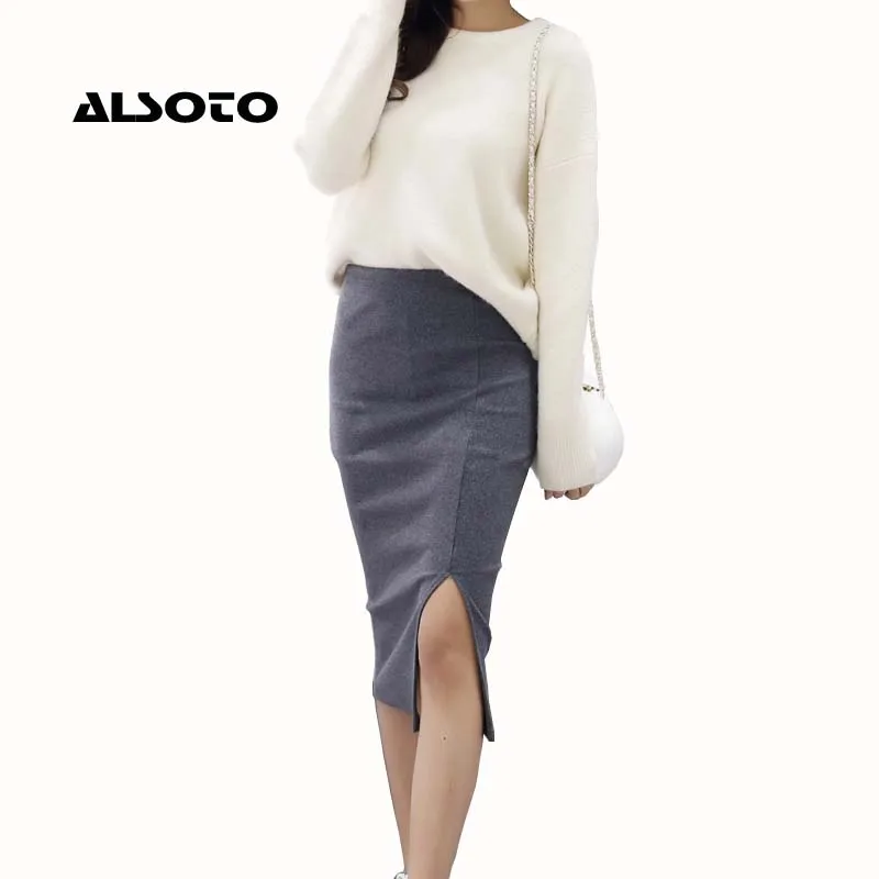 ALSOTO Fashion Women Skirts Summer Pencil Women Skirt Faldas Mujer Moda Long Package Hip Split Waist Midi Skirt