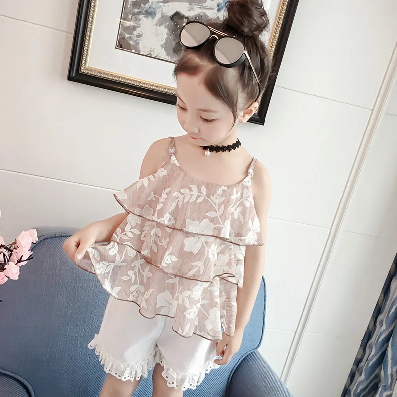 Для девочек Костюмы 2018 Повседневное футболка с цветочным принтом + шорты из двух