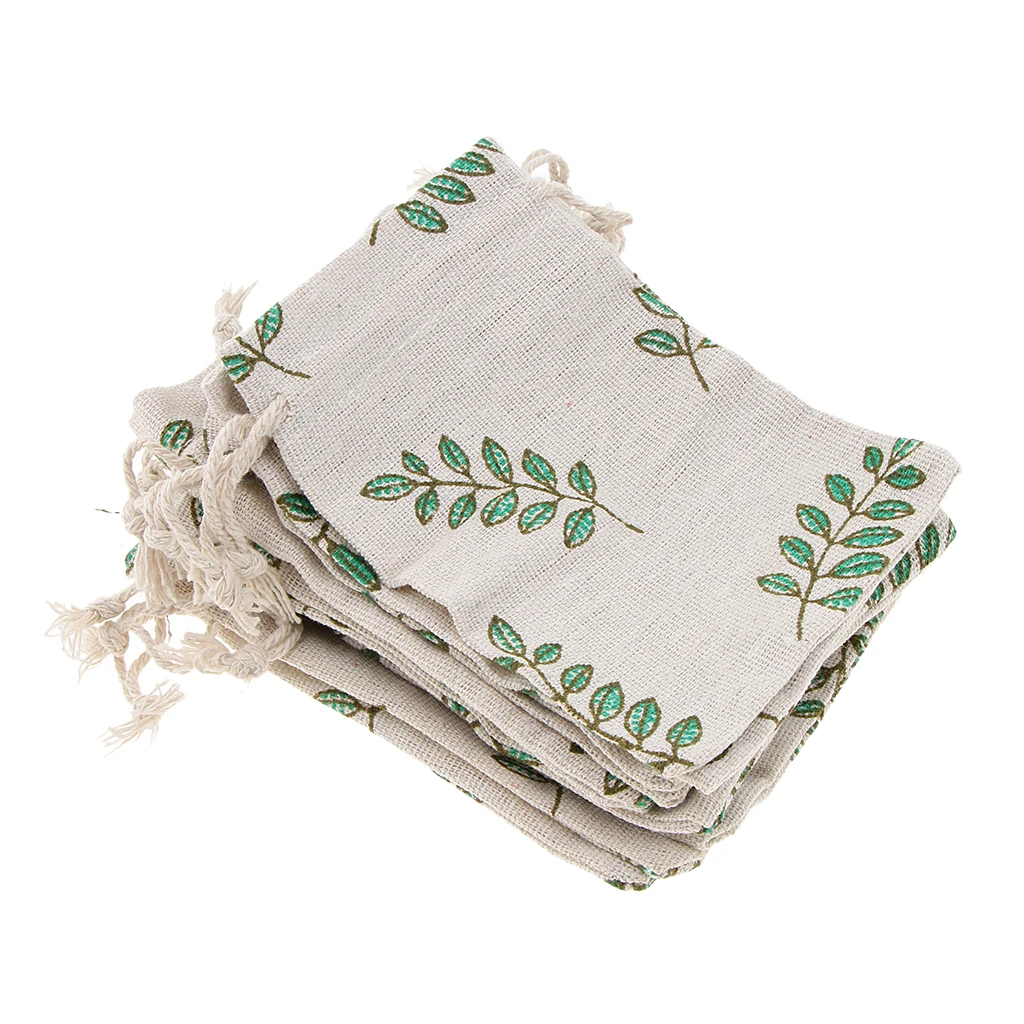 

10pcs Cotton Linen Leaf Sack Jewelry Pouch Drawstring Bag Wedding Favor