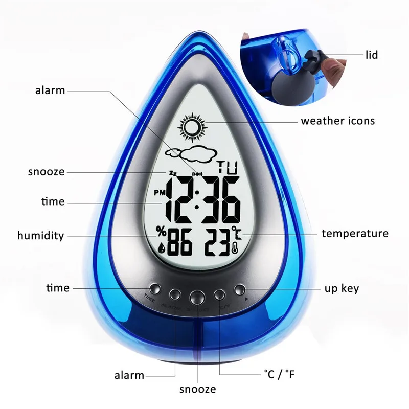Новейшие цифровые часы для ванной комнаты с питанием от воды экологичные