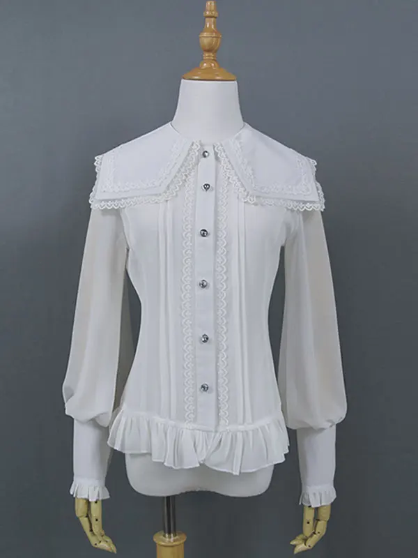 

White Lolita Shirt Lace Long Sleeve Chiffon White Classic Lolita Top