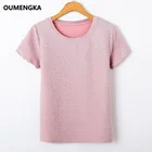 Футболка OUMENGKA женская с люрексом, блестящий базовый Повседневный Топ с круглым вырезом, однотонная эластичная рубашка с короткими рукавами, лето 2020