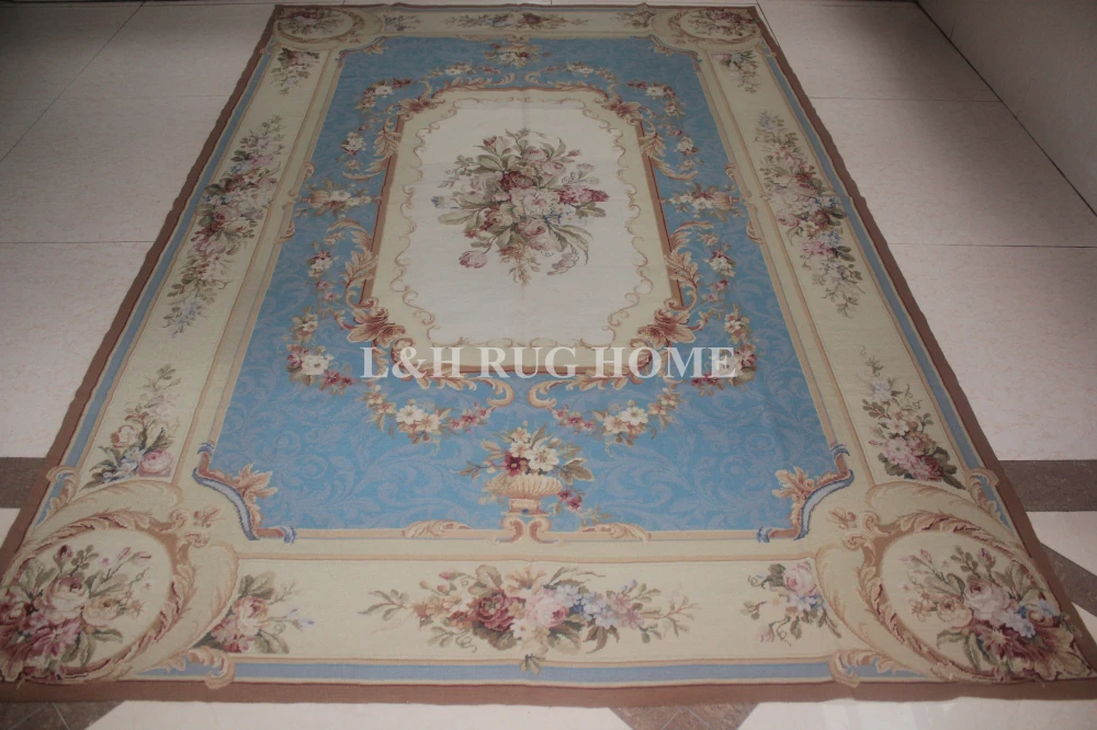 

Free shipping 10K 6'x9' Aubusson Design Handmade carpets needlepoint woolen rugs handmade blue color rugs for home decoration