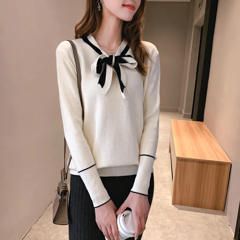 Bow Women Autumn Fashion Cute Knitted Sweater Pullover High Quality Pull Femme 2019 New Winter Long Sleeve Casual Slim Tops | Женская