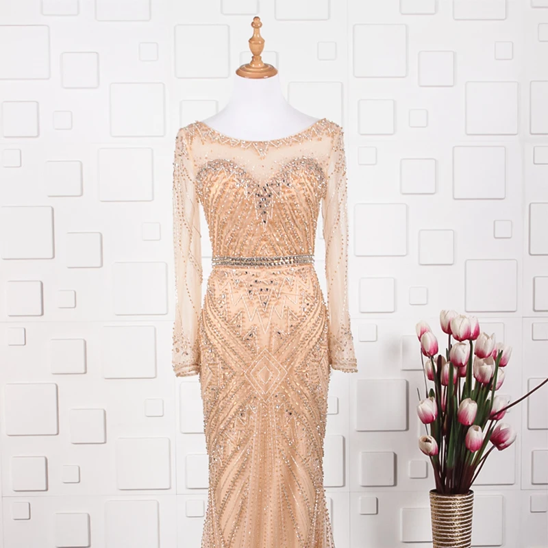 JANCEMBER vestido de gala украшенный бусинами и кристаллами длинный рукав иллюзия круглый