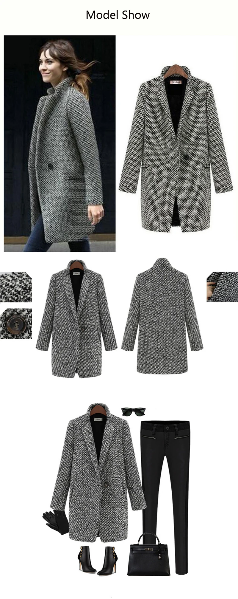 Winter Coat Women Fashion Formal Jacket Women Plaid Woolen Single Button Long Blazer mujer Plus Size 5XL 6XL