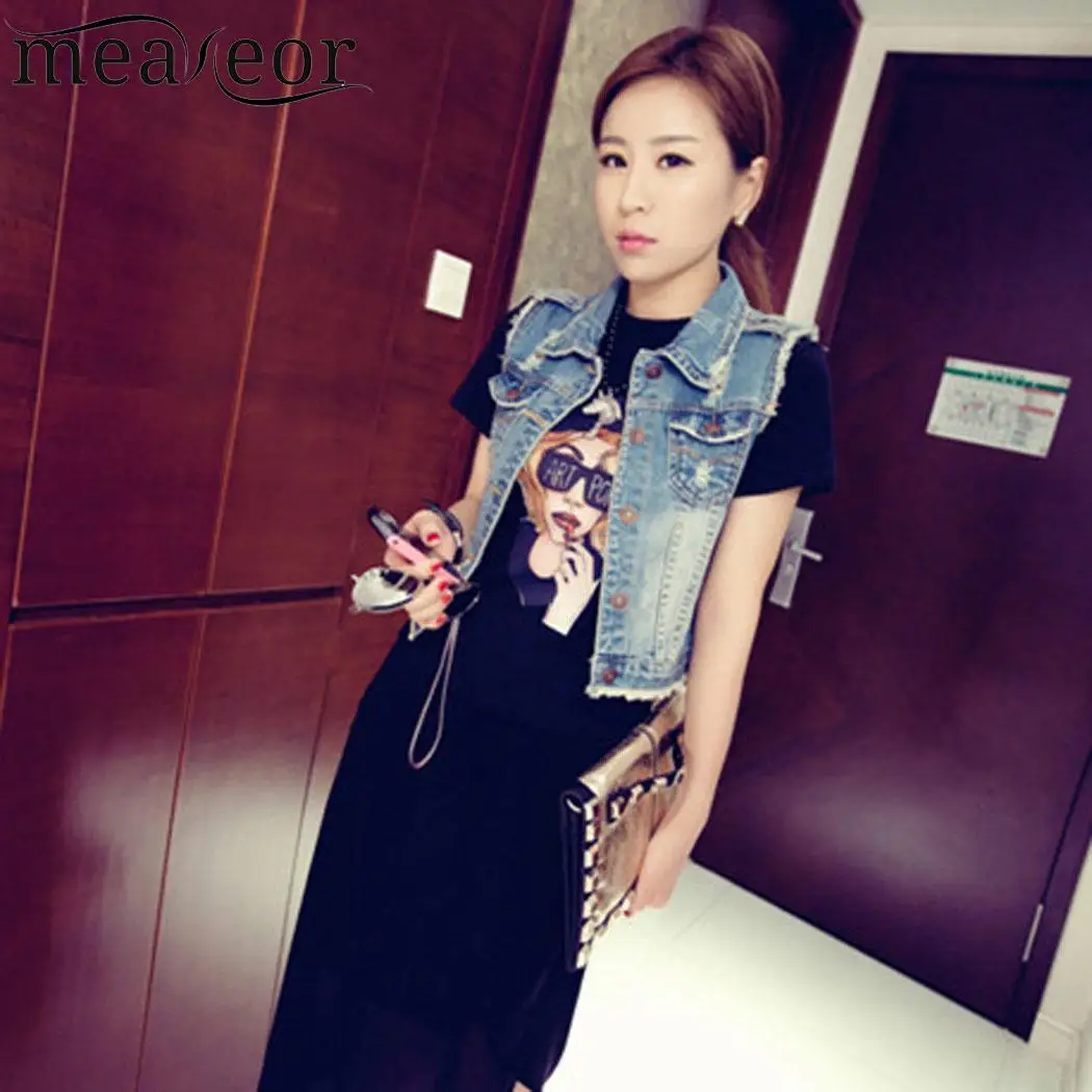 Turn Casual Women Down Collar Sleeveless Frayed Denim Vest Jacket | Женская одежда