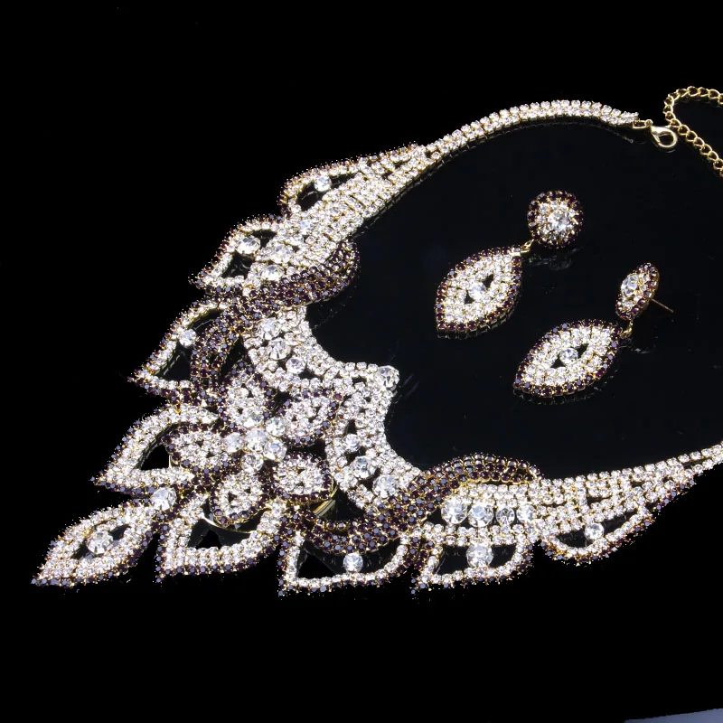 2018 Свадебные ювелирные изделия Черный Кристалл Стразы Цветок Ожерелье Комплект