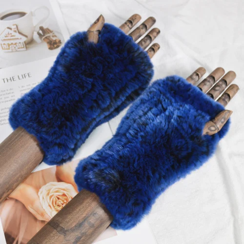 blue Женские модные вязаные теплые Настоящий мех кролика перчатки зимние женские варежки из кроличьего меха натуральный мягкий Настоящий мех кролика перчатки - Цвет: blue