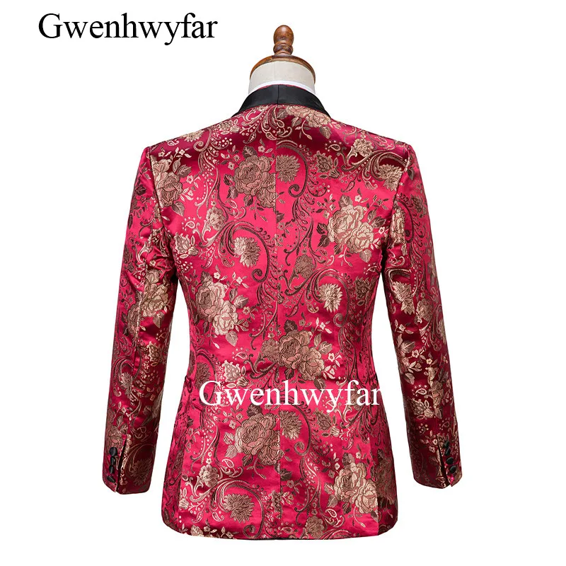Элегантные костюмы Gwenhwyfar Jujube с красными и золотыми цветами мужские смокинги для