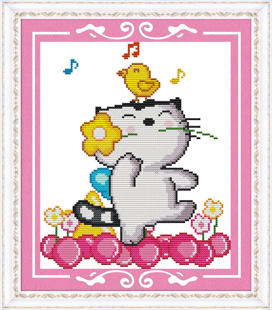 

Singing and dancing cross stitch kit hanppy cat cartoon animal bird flower hand sewing set embroider DIY handmade needlework