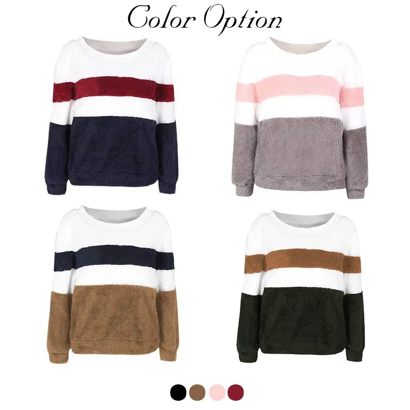 Uvkkc Women Hoodies 2019 New Winter Fashion Female Sweatshirts Pullover Patchwork Striped Loose Warm Casual For | Женская одежда
